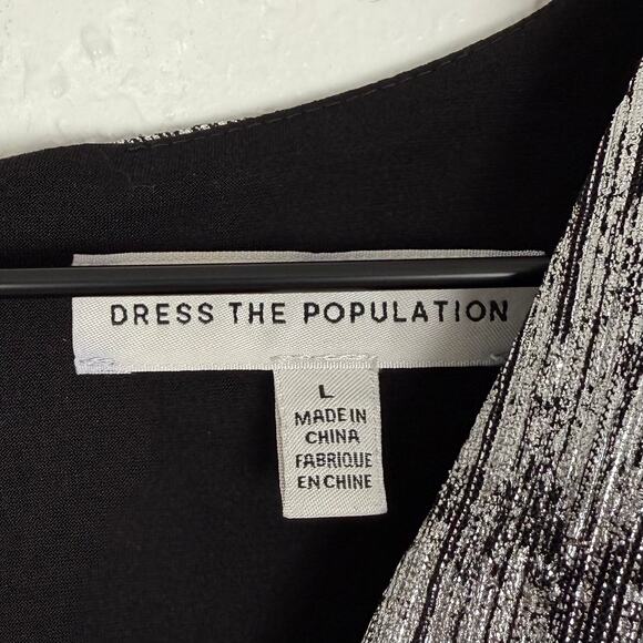 Dress The Population Cia Metallic Long Sleeve Maxi Dress Silver Black NWOT Large - Picture 7 of 9